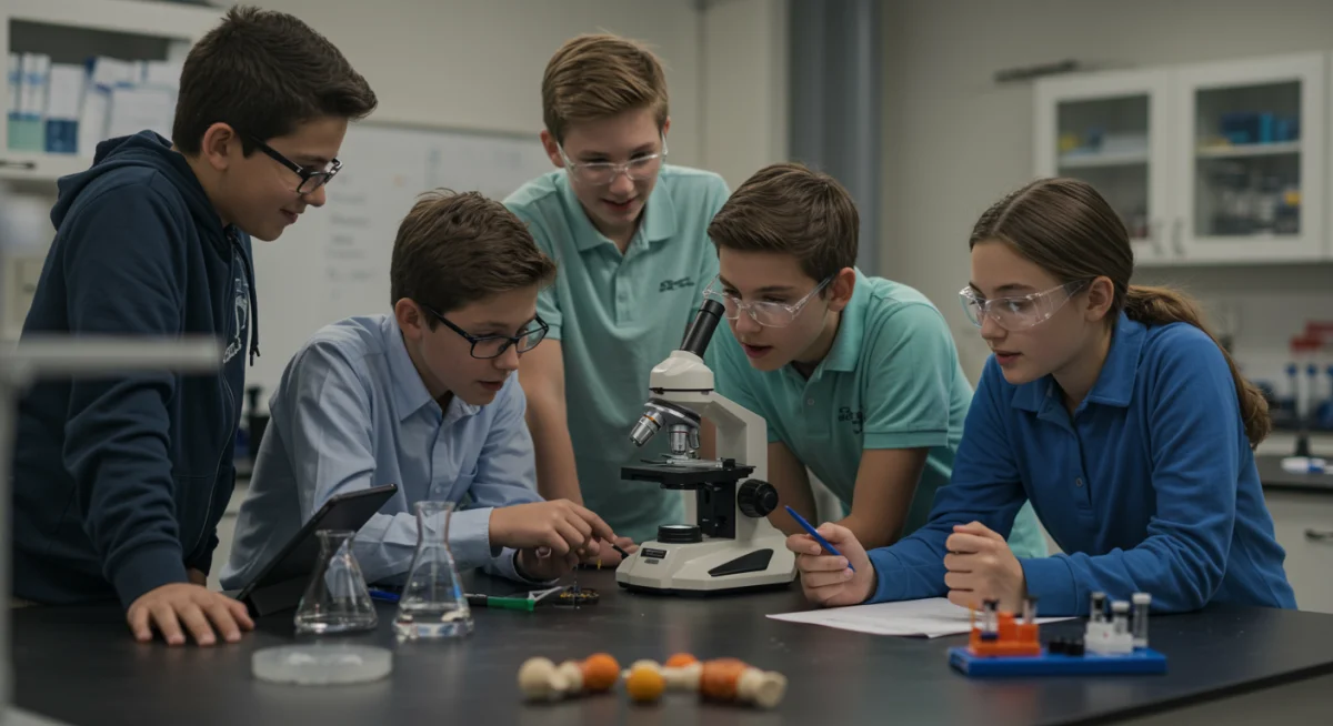 Diverse students collaborating on a science project in a laboratory setting.