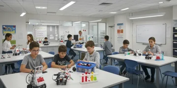Students engaged in hands-on STEM learning with robotics and coding in a modern classroom.