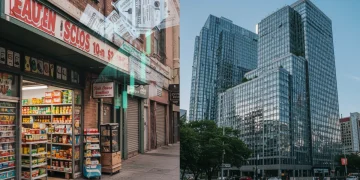 Small business storefront contrasting with large corporate building under tax code revisions