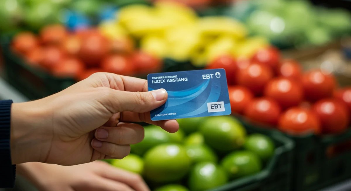 Hand holding EBT card at grocery store checkout, signifying SNAP usage