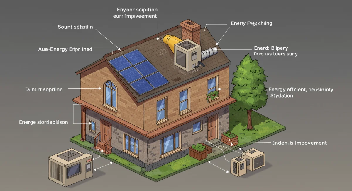 Illustrated home with energy-efficient renovations qualifying for tax credits
