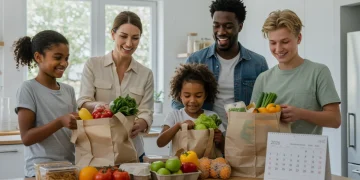 Family happily unpacking groceries, symbolizing maximized SNAP benefits in 2026
