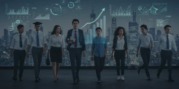 Professionals navigating high-growth career pathways in the U.S. for 2026, with educational and financial symbols.