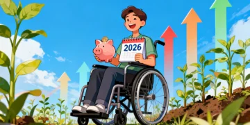 Illustration of a person with a disability saving money with an ABLE account for 2026.