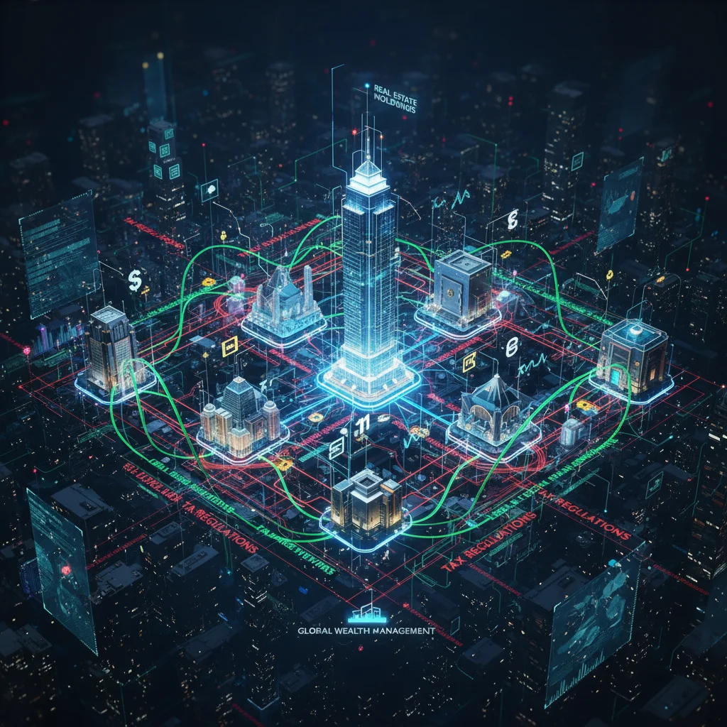Complex financial web representing diverse assets and tax regulations in estate planning