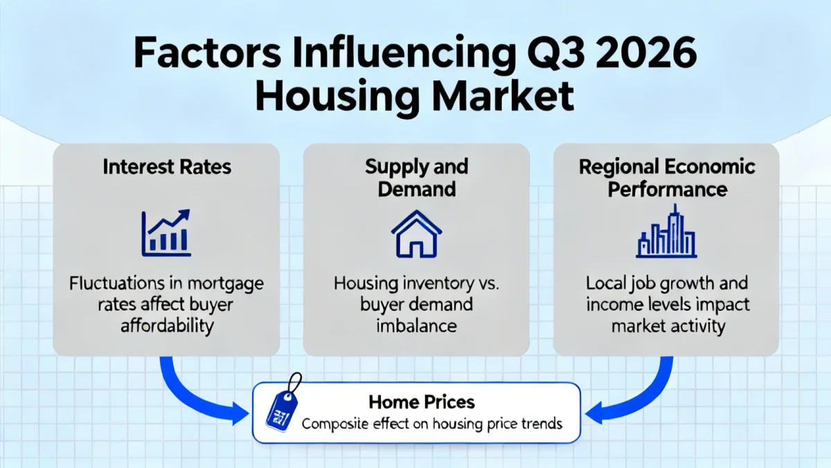 Infographic detailing factors influencing Q3 2026 housing market trends