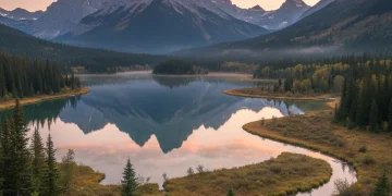 Sunrise over a pristine national park with mountains, lake, and forest, symbolizing natural beauty and conservation efforts.