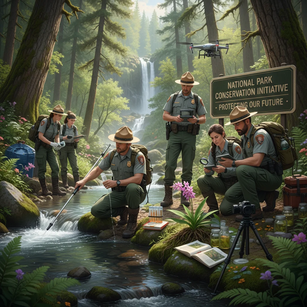 Park rangers and scientists conducting environmental research in a national park, demonstrating active conservation.