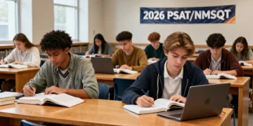 High school students studying for 2026 PSAT/NMSQT in a library.