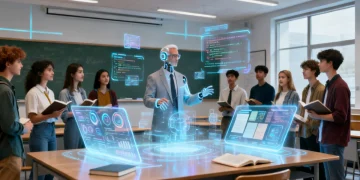 Students and professors interacting with holographic AI in a university classroom, symbolizing future education.