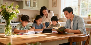 Family homeschooling at a table with books and a tablet