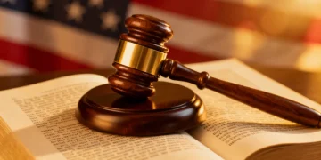 Gavel on law book with American flag background, symbolizing federal judicial appointments