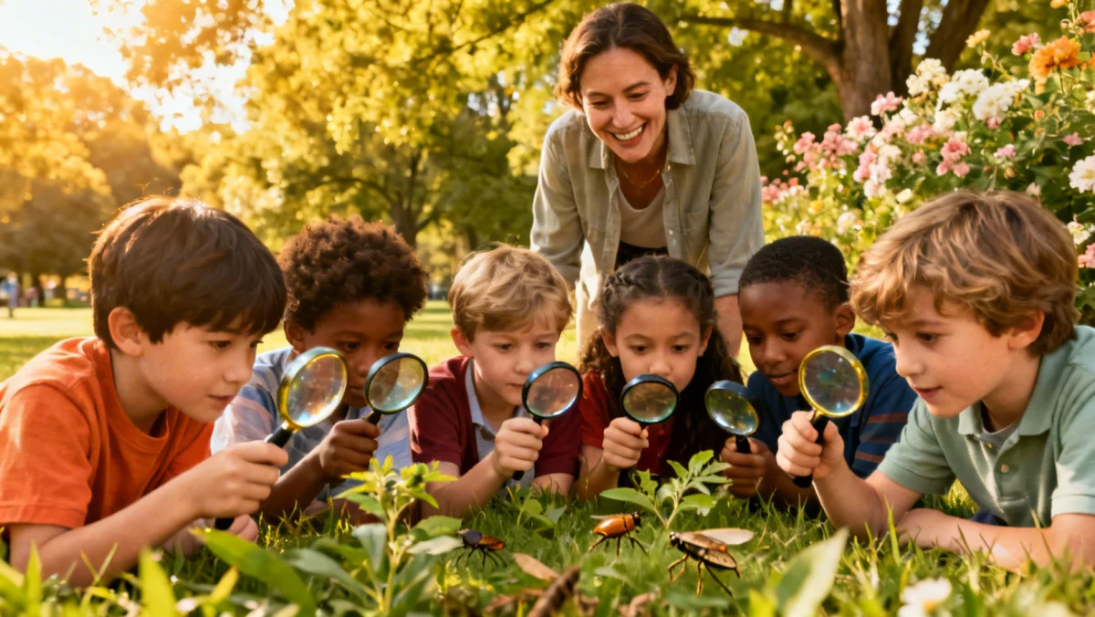 Homeschooled children doing outdoor science experiment with adult supervision