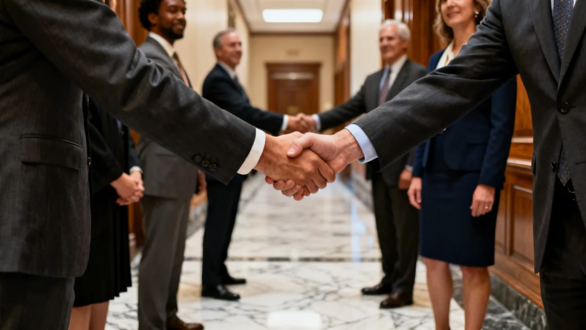 Diverse group of judicial nominees shaking hands in courthouse