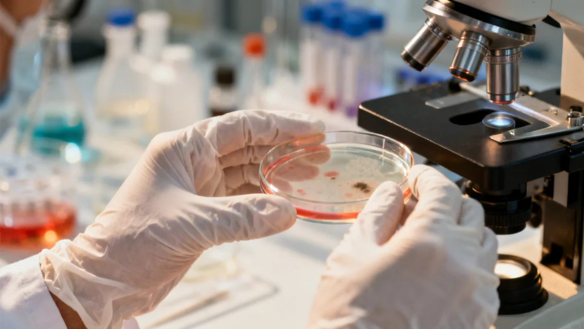 Laboratory technician examining contaminants in a petri dish