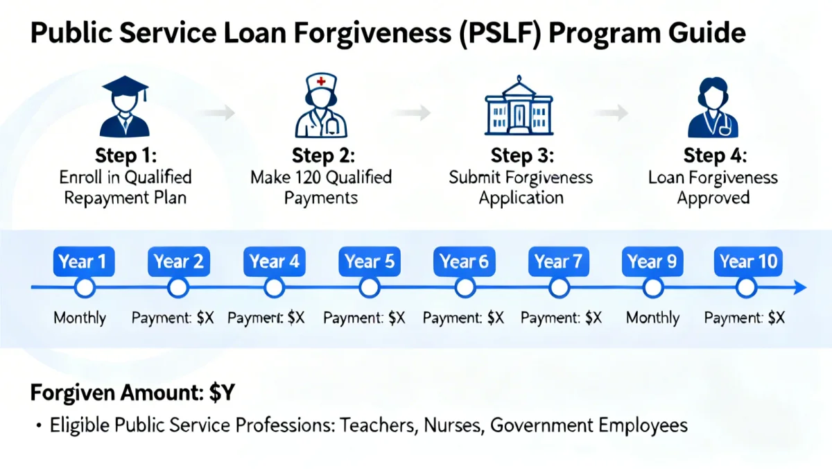 Infographic detailing Public Service Loan Forgiveness PSLF program benefits and timeline