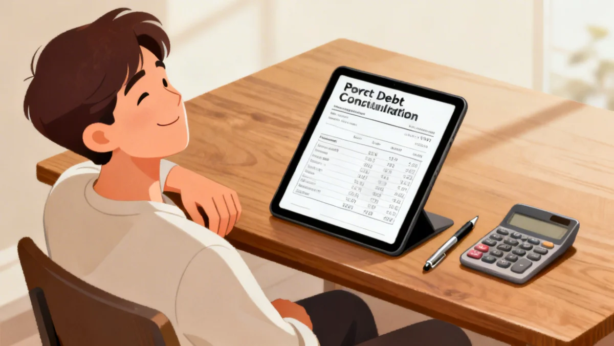 Person reviewing consolidated debt statement, looking relieved and organized.