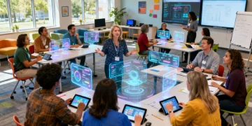 Educators engaging in futuristic professional development workshop