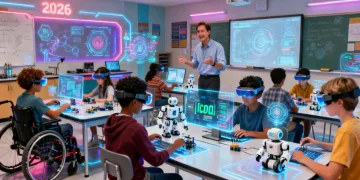 Students engaged in futuristic STEM learning with AR and robots in a 2026 U.S. classroom