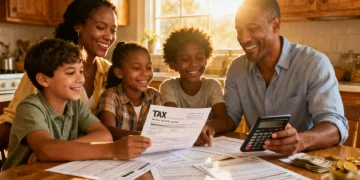 Happy family reviewing tax documents, symbolizing financial benefits from EITC.