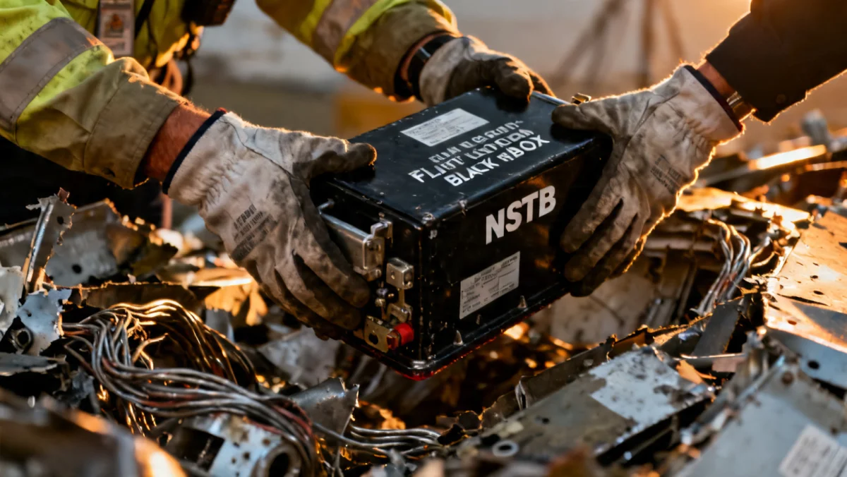 NTSB personnel retrieving a flight recorder from aircraft debris for accident investigation.