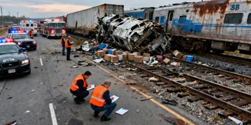 NTSB investigators examining a train derailment site, focusing on safety and incident analysis.