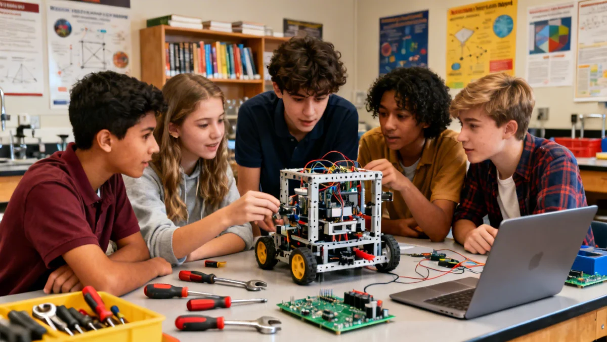 High school students collaborating on a robotics project in a modern STEM lab