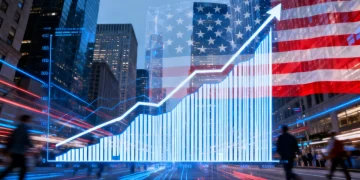 Financial chart showing positive bond market trends with US flag overlay, symbolizing stability.