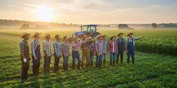 Farmers discussing new USDA subsidies in a field at sunrise