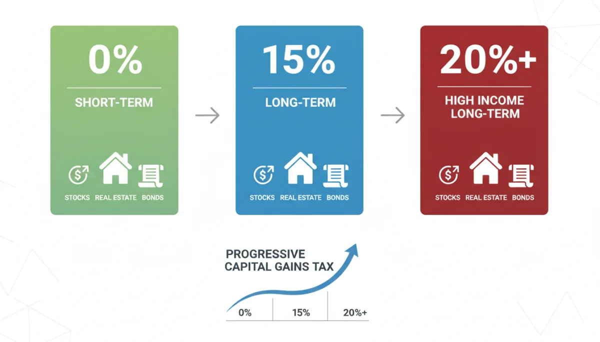Illustration of tax brackets and investment types, demonstrating capital gains tax rates.