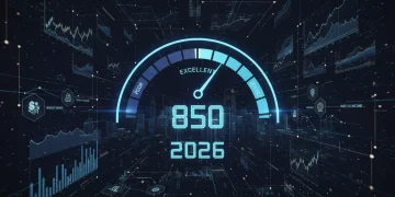 Futuristic credit score meter for 2026 with financial data