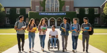 Diverse college students walking on campus, representing higher education access.