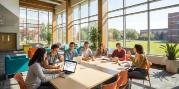 Diverse college students learning about FAFSA changes on laptops in a modern university setting.
