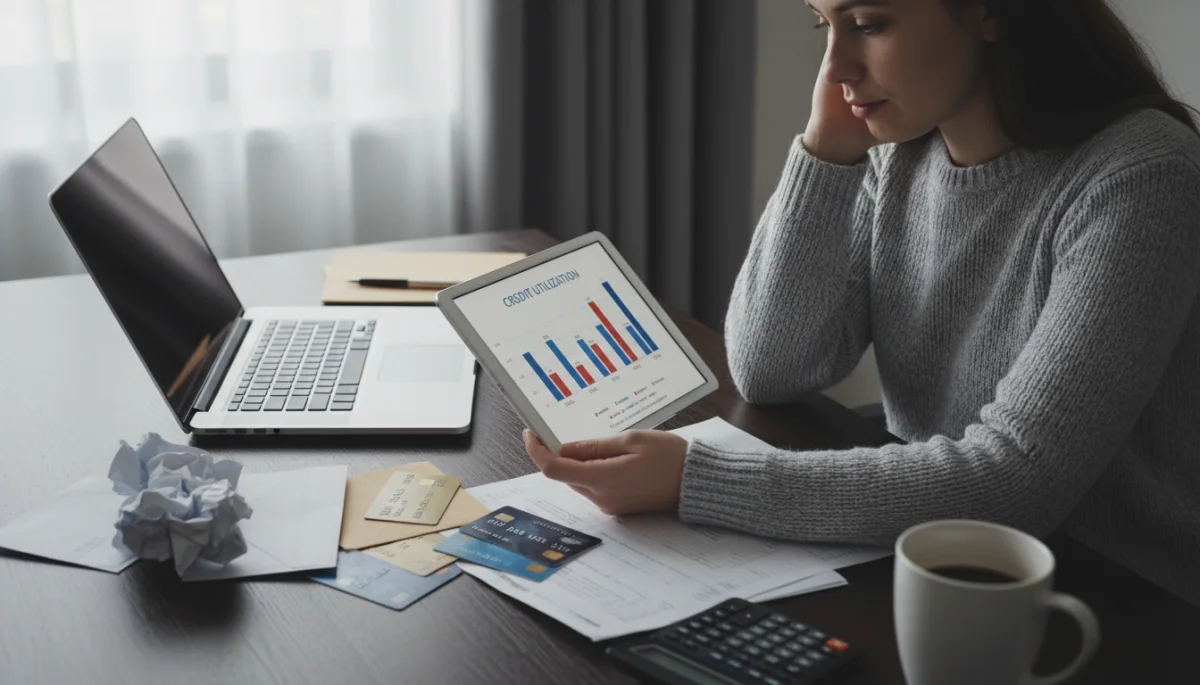 Individual analyzing credit utilization on a tablet with financial documents