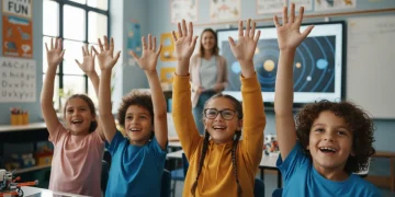 Diverse students in a modern classroom actively participating with raised hands