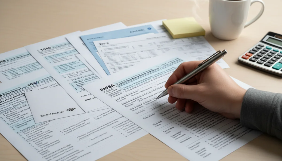 Hand with pen over FAFSA form, surrounded by financial documents for college aid.