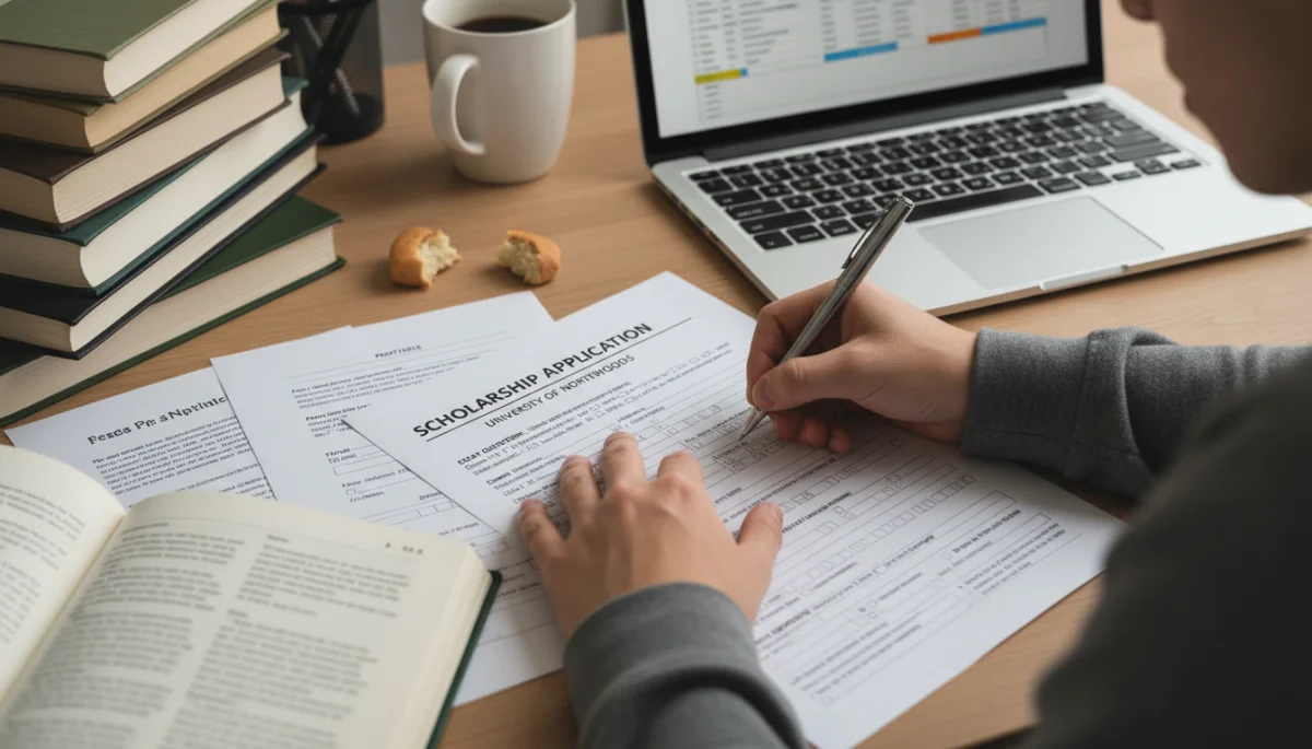 Student carefully completing scholarship application form