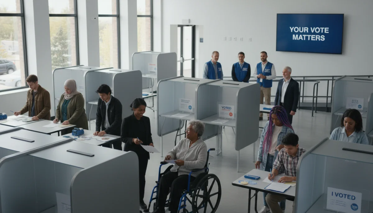 Diverse citizens voting at a polling station, emphasizing voter access