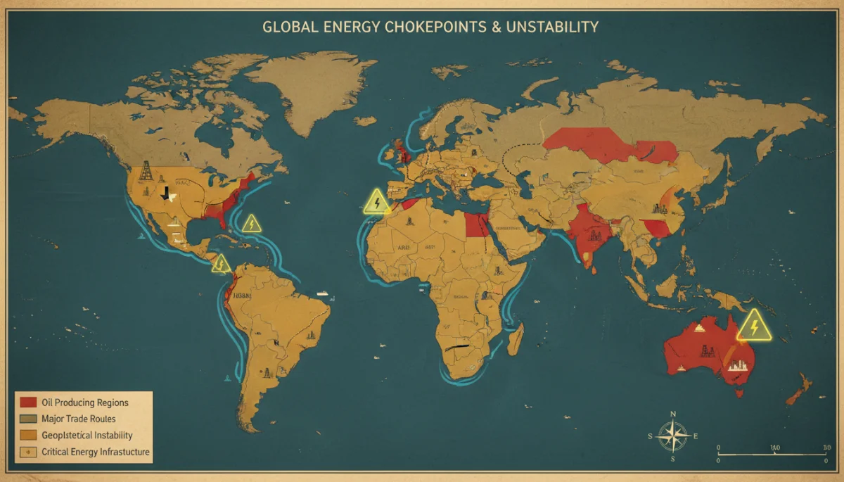 Map of global oil-producing regions and trade routes, showing geopolitical hotspots.