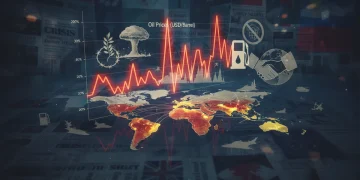 Graph showing a 15% fluctuation in oil prices over three months, with global tension symbols.