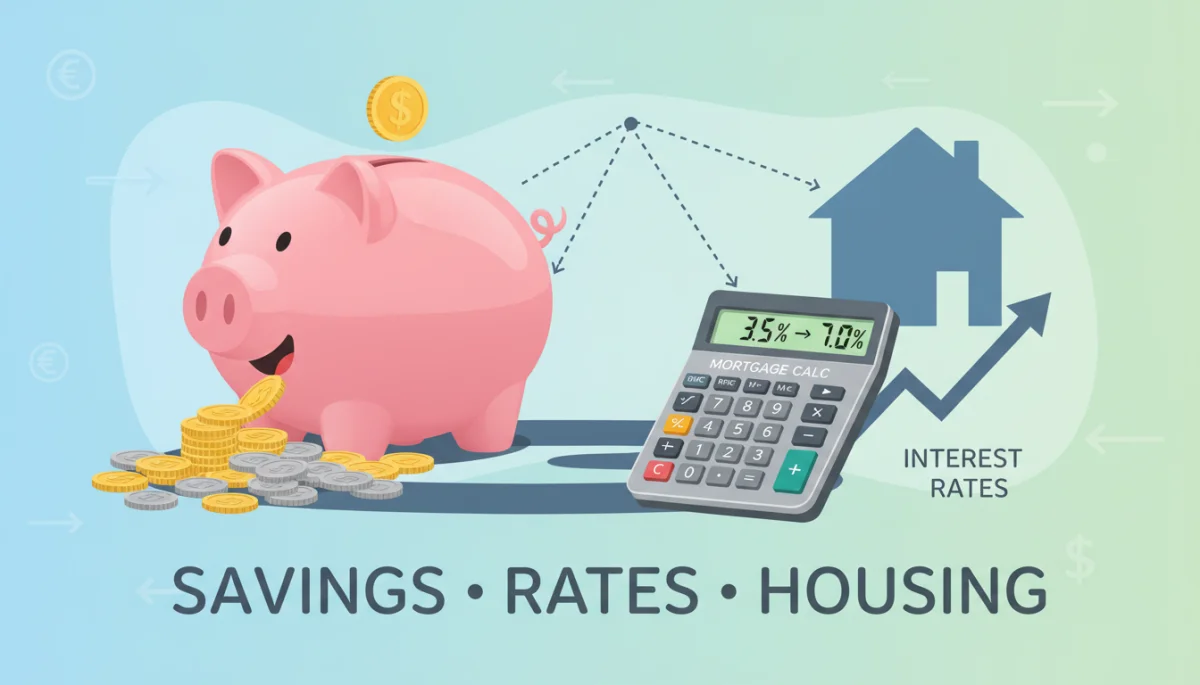 Piggy bank and calculator illustrating savings and mortgage calculations