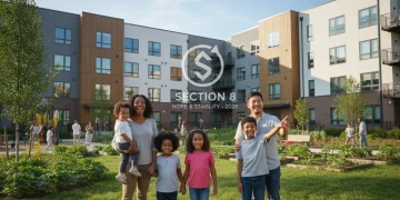 Family smiling in front of an affordable housing complex, symbolizing Section 8 housing assistance and stability.