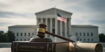 Gavel on law book with Supreme Court building, symbolizing voting rights decision