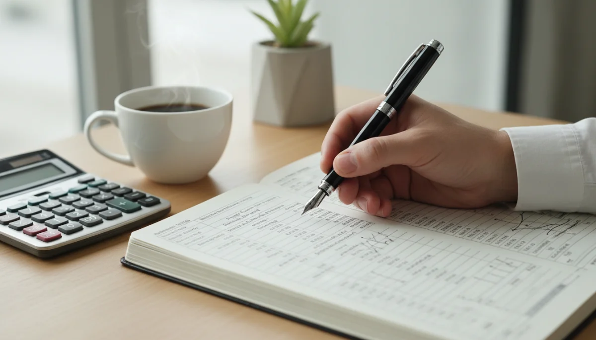 Hand calculating retirement savings with pen and paper