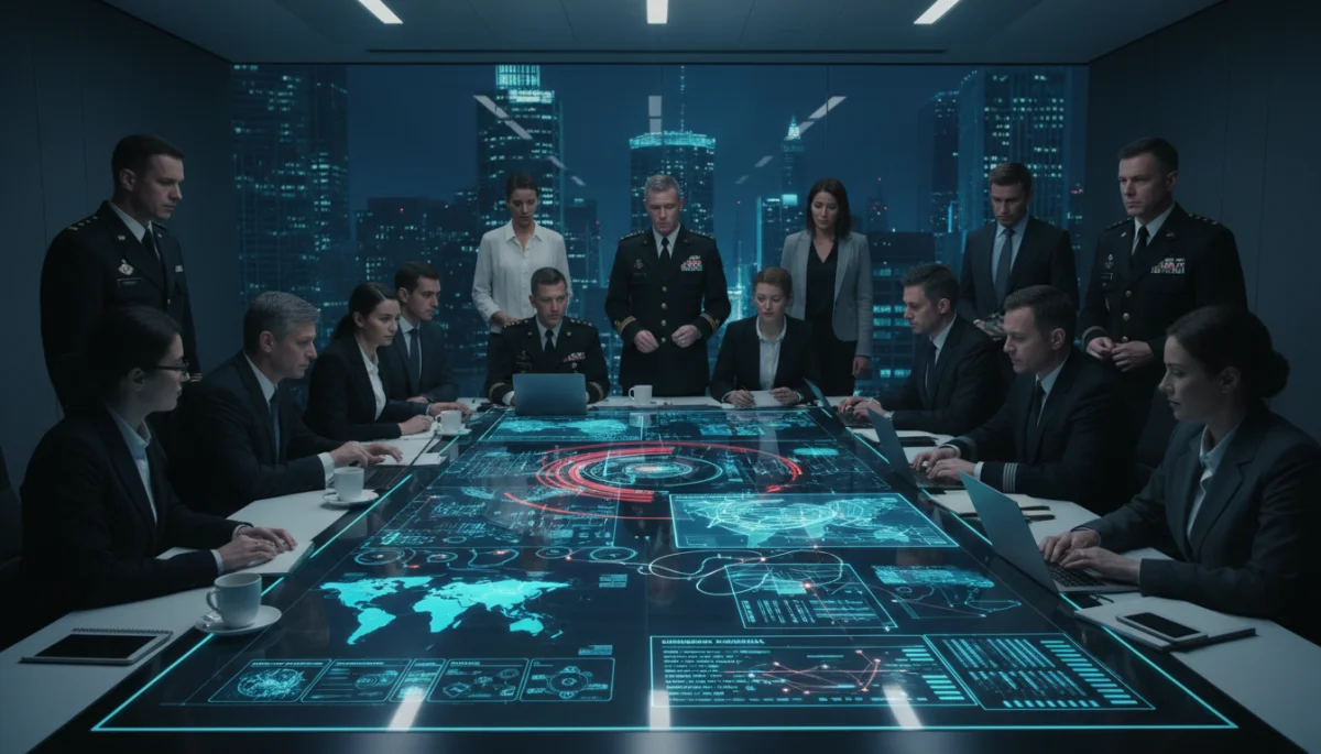 Military and cybersecurity experts collaborating on digital threat intelligence.