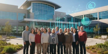 People standing united in front of a clinic, symbolizing healthcare reform and community support.