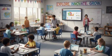 Students and teachers collaborating in a modern U.S. K-12 classroom, reflecting updated curriculum standards.