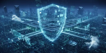 Digital shield protecting Pentagon, symbolizing robust cyber defense strategy.