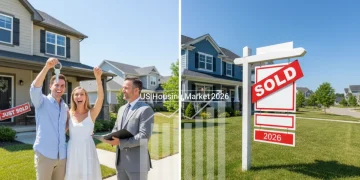 Couple receiving keys and 'Sold' sign in front of a suburban home, representing the 2026 housing market dynamics.