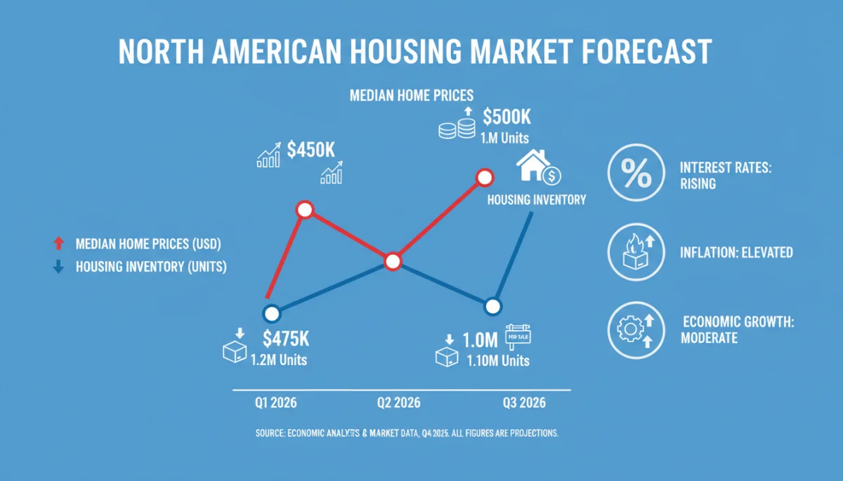 Infographic depicting 2026 US housing market trends: rising prices, falling inventory, and economic influences.